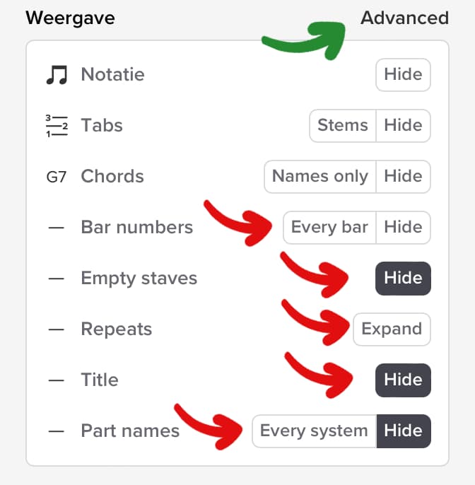Verbeterde weergave-opties in Soundslice voor maatnummers, titels en partijnamen.