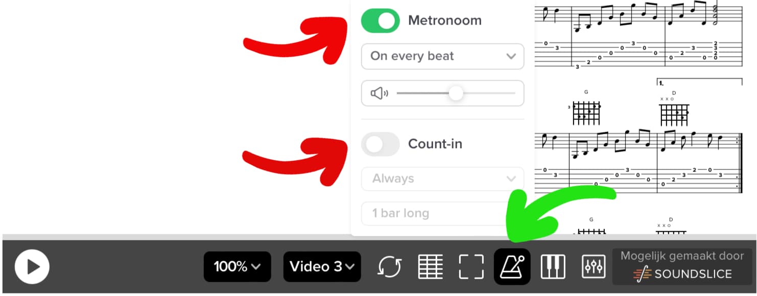 Vernieuwde metronoomfunctie van Soundslice met verbeterde timing voor loops en playback.