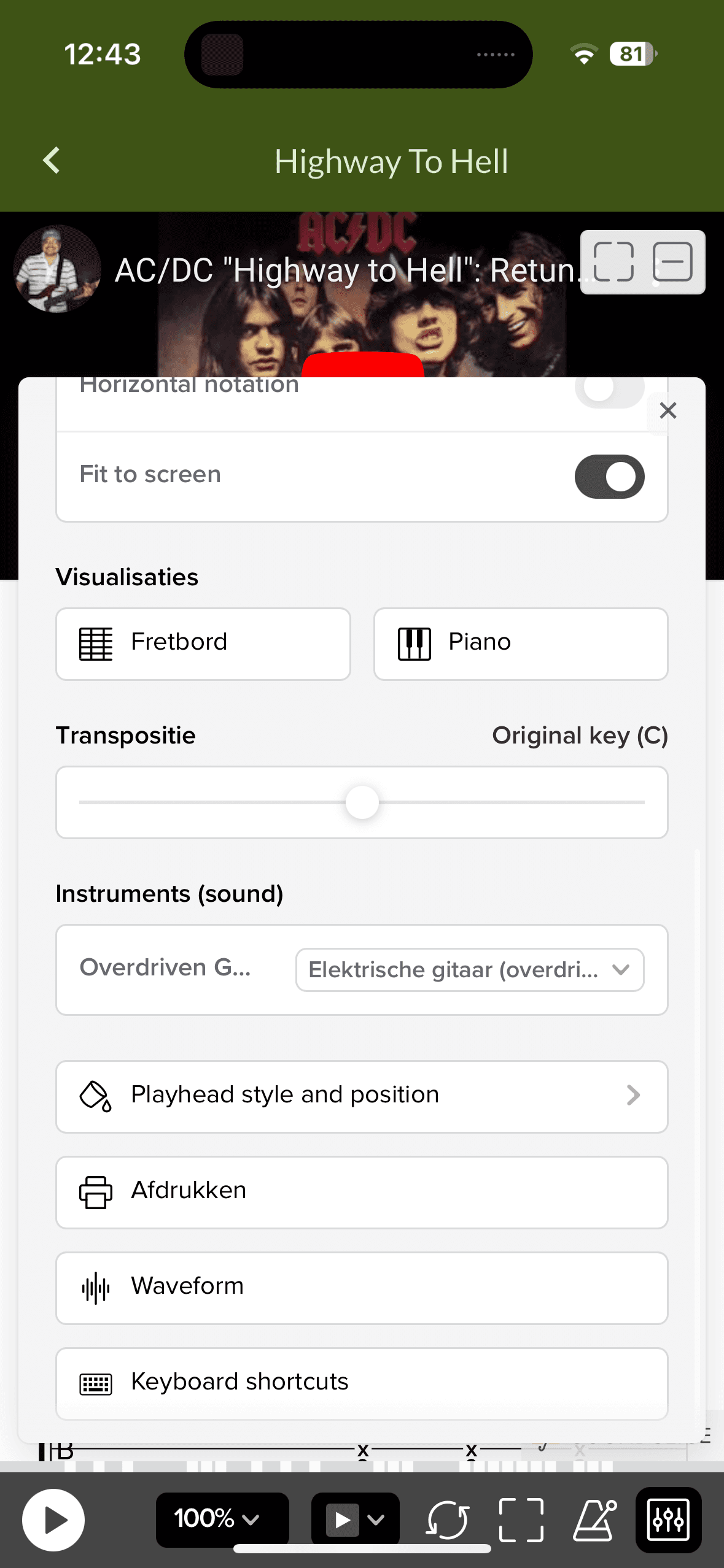 Guitar Tabs App - interface met "Highway to Hell" van AC/DC. Opties voor fretbord, piano, transpositie en instrumenten. Donkergroene achtergrond.