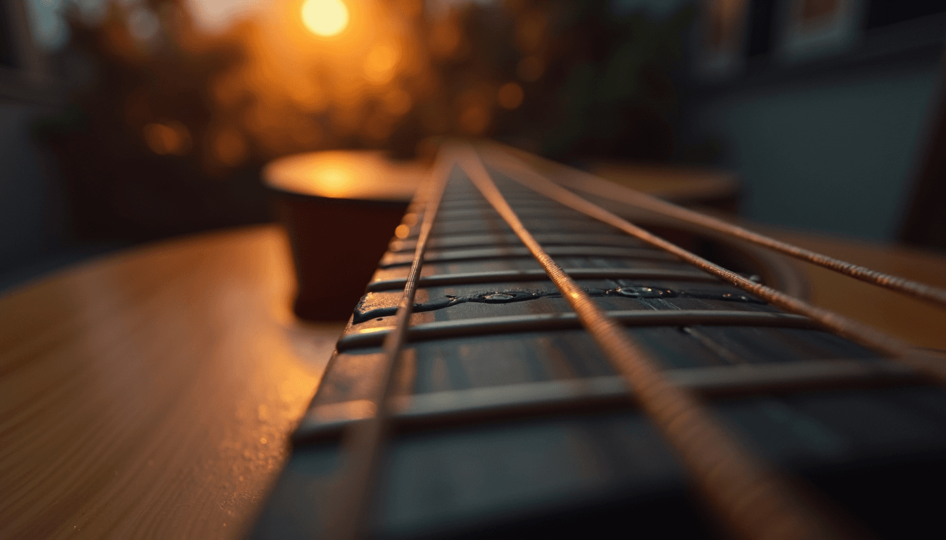 Eye-level view van een gitaar met een tabblad ernaast