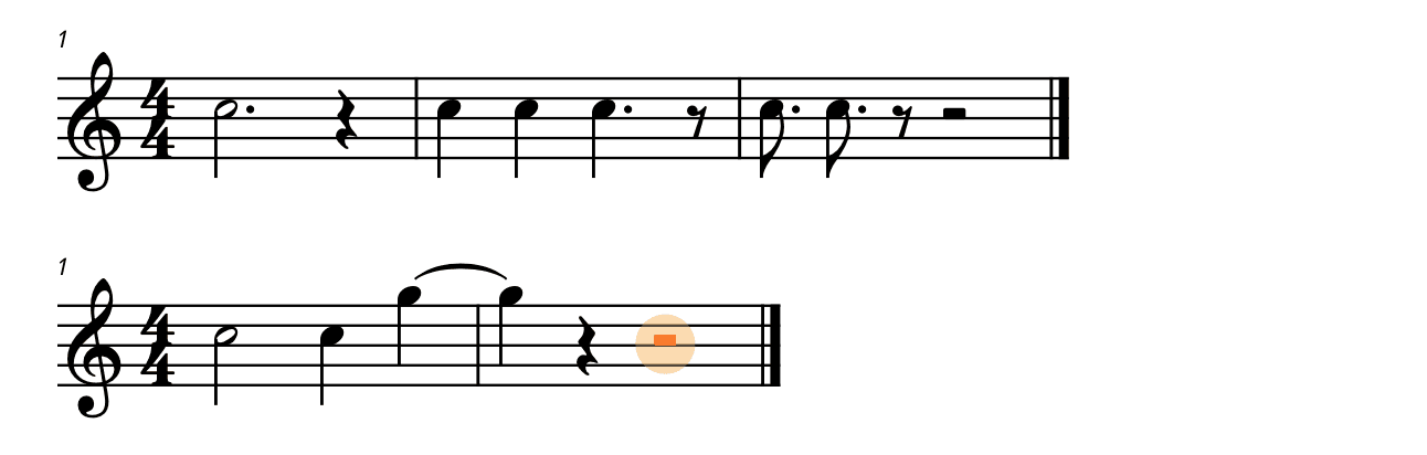 Bladmuziek met noten op een notenbalk, waaronder kwartnoten en halve rusten. De achtergrond is wit en de sleutel is een G-sleutel.