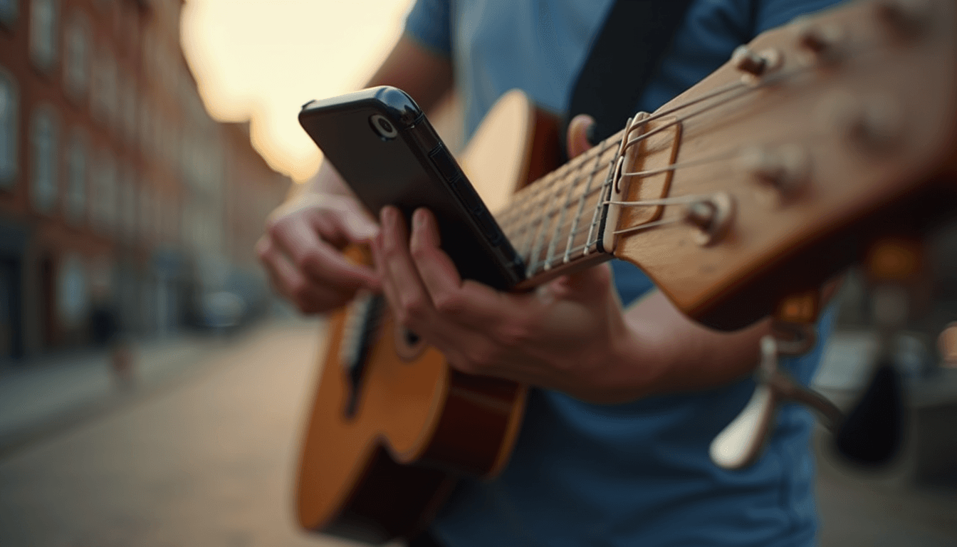 Eye-level view van een smartphone met een gitaar leer app open