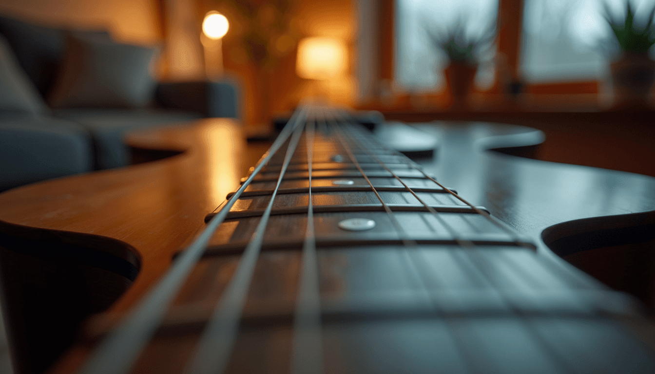 Eye-level view van een gitaar met notities en tabblad