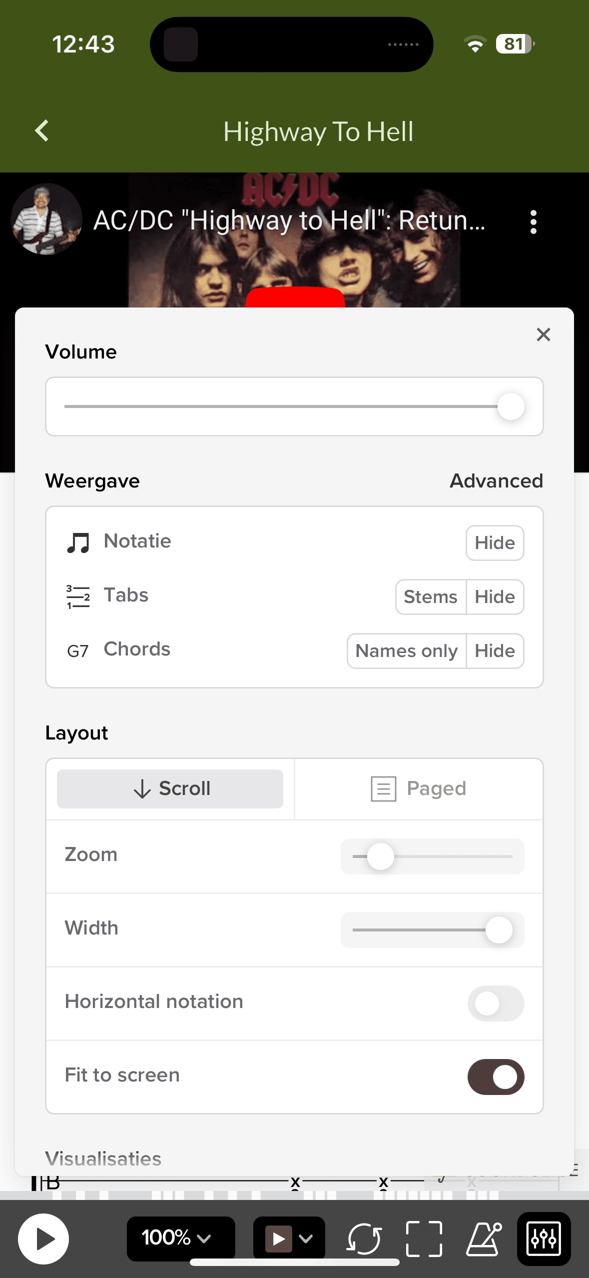 Guitar Tabs App-scherm met muziekspeler, toont afbeelding van band en tekst: "Highway to Hell." Instellingenmenu open boven groene achtergrond.
