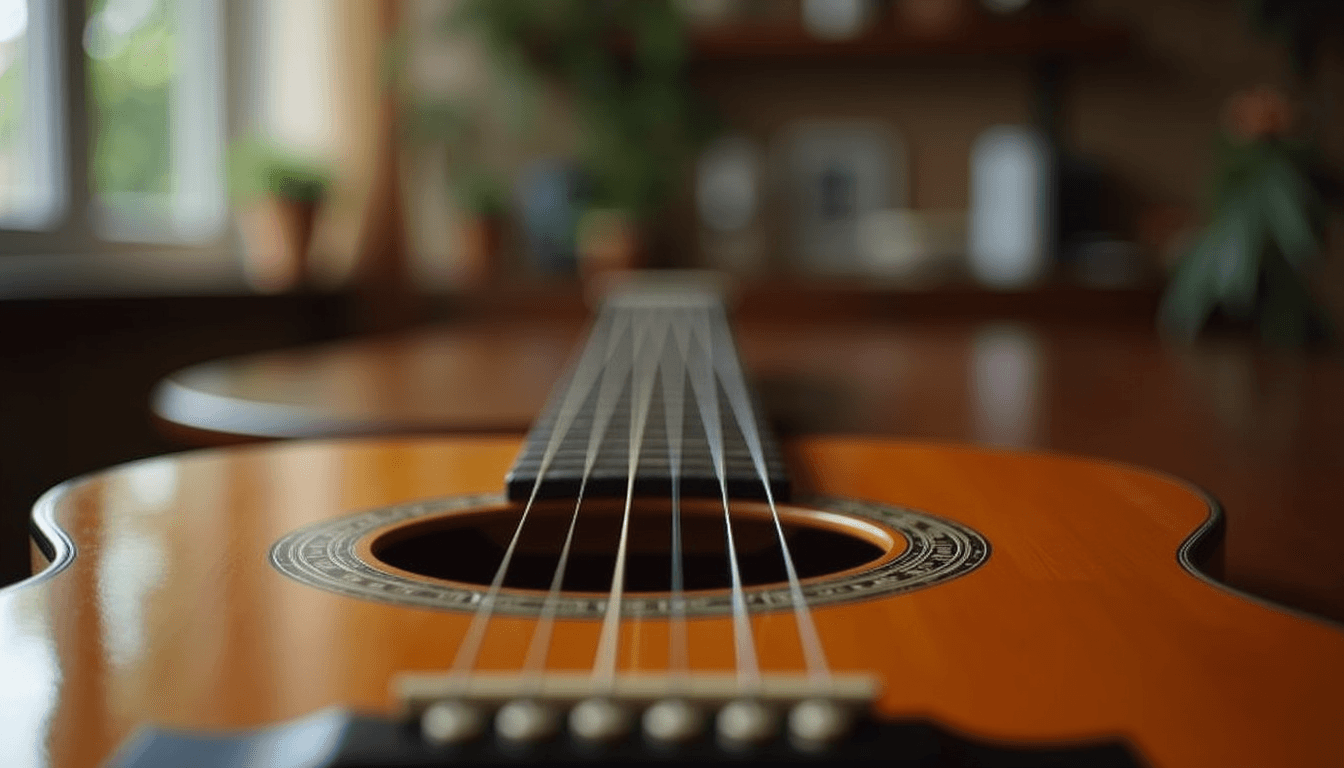 Close-up van een akoestische gitaar op een houten tafel