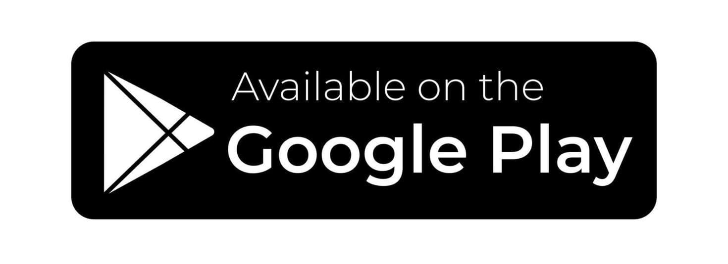 Zwart-witte rechthoekige banner met tekst "Available on the Google Play". Links staat het Google Play-logo van een driehoek.