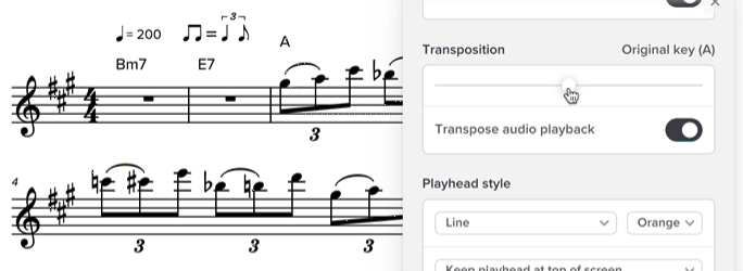 Animatie van de transponeer-slider in halve stappen